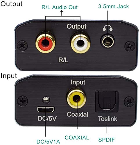 Digital to Analog Audio Converter, Hdiwousp 192 kHz DAC Digital Coaxial and Optical Toslink to Analog 3.5mm Jack and RCA (L/R) Stereo Audio Adapter with Optical Cable for HDTV Home Cinema, Aluminum