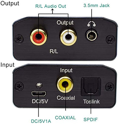 Digital to Analog Audio Converter, Hdiwousp 192 kHz DAC Digital Coaxial and Optical Toslink to Analog 3.5mm Jack and RCA (L/R) Stereo Audio Adapter with Optical Cable for HDTV Home Cinema, Aluminum