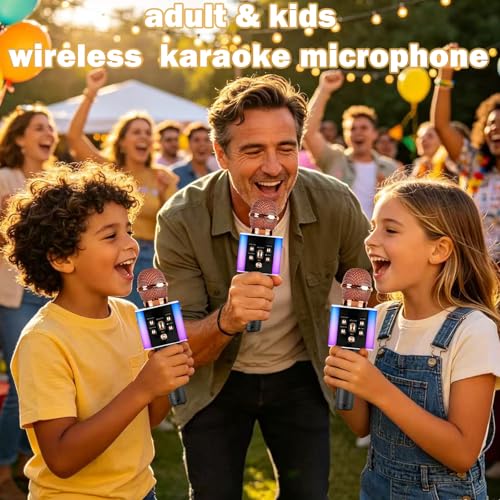 Wireless Bluetooth Karaoke Microphone for Kids & Adults, Singing Mic with Disco Lights, Voice Changer, Built-in Speaker, Portable Karaoke Player for Party & Travel Gifts(Rose Gold) - color: Rose Gold