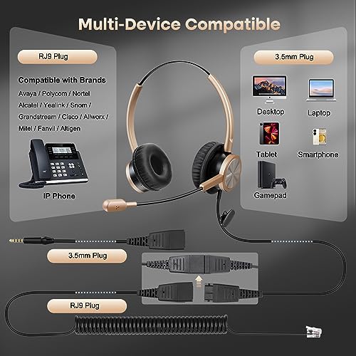 MAIRDI Telephone Headset with RJ9 Jack for Cisco Phone, Including 3.5mm Connector for Cell Phone PC Laptop, Binaural Office Headset with Microphone Noise Canceling for Call Center Landline Deskphone - style: Duo