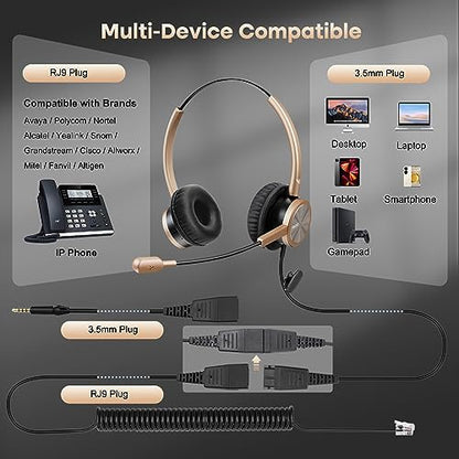 MAIRDI Telephone Headset with RJ9 Jack for Cisco Phone, Including 3.5mm Connector for Cell Phone PC Laptop, Binaural Office Headset with Microphone Noise Canceling for Call Center Landline Deskphone - style: Duo