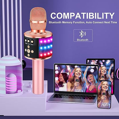 BONAOK Rose Gold Karaoke Microphone for Kids & Adults, Bluetooth Singing Mic with Disco Lights & Echo Effect, Built-in Battery Non-Detachable, Portable Karaoke Speaker Player for Party, Travel & Gifts - color: Rose Gold