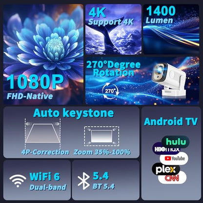 Projector [Auto Focus & Native 1080P & Built-in Apps] Mini Portable Projector 1080P, 4K Full HD with WiFi 6 & Bluetooth 5.4, Auto Focus & Keystone, 270° Rotatable, Compatible with Phone/HDMI/USB,Black - color: Pearl White