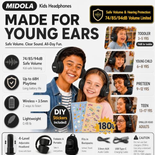 MIDOLA Kids Headphones Bluetooth 5.4 Wireless 68H Play Time Volume Limit 85/94dB Over-Ear Foldable Headset,Type-C Fast Charging,with Wired Aux Mic for Toddler Child Pad Tablet Black | Adjustable Headband Foldable Over-Ear Lightweight Headsets for Toddler