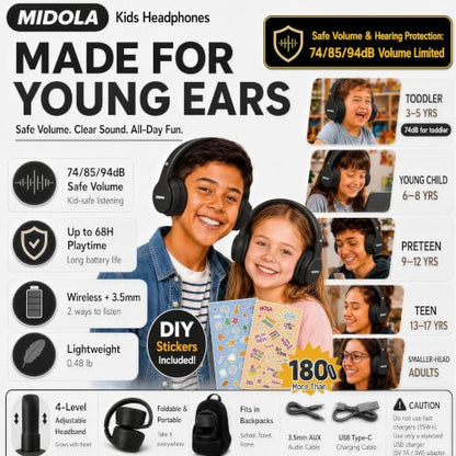 MIDOLA Kids Headphones Bluetooth 5.4 Wireless 68H Play Time Volume Limit 85/94dB Over-Ear Foldable Headset,Type-C Fast Charging,with Wired Aux Mic for Toddler Child Pad Tablet Black | Adjustable Headband Foldable Over-Ear Lightweight Headsets for Toddler