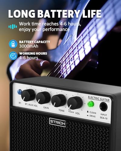 2 x 5W Mini Guitar Amp, Rechargeable, Clean/Drive, Black | Portable Guitar Amplifier for Beginners Practice with 1/8 Headphone Output - color: Black