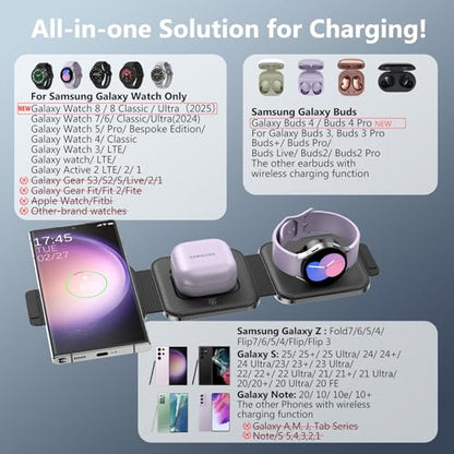 Travel Charger for Samsung Multi Devices, Foldable 3 in 1 Wireless Charging Station Fast Charging Stand/Pad Compatible for Samsung Galaxy S26/S25/S24/S23/Note20 GalaxyWatch8/7/6 Galaxy Buds4 - color: Black