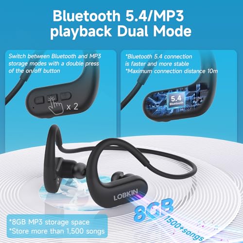 Waterproof Earbuds for Swimming, Bone Conduction Headphones IPX8 Swimming Headphones 8GB Memory Bluetooth 5.4 Wireless 8H Playtime in Ear Underwater Sport Earphones for Swimming, Running (Black)