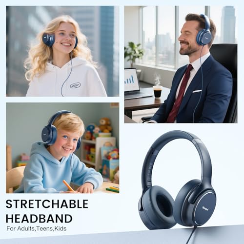 USB C Wired Over-Ear Headphones with Microphone | Volume Control, Share Port, Adjustable Headband Foldable Stereo Headset for Adult/Teens for iPhone 16, Laptop, Gaming, Travel - color: New Blue