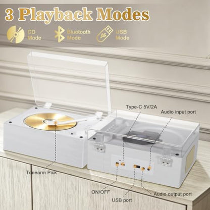 CD Player with Bluetooth 5.3, Wood Grain CD Player for Home, Retro Desktop Music Player, Dual HI-FI Speakers with Remote Control | Wood Grain CD Player for Home, Retro Desktop Music Player, Dual HI-FI Speakers with Remote Control - color: Walnut Wood Grai