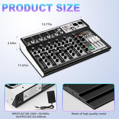 6 Channel Audio Interface Sound Board Mixing Console 16-Bit DSP DJ Mixer Audio Reverb Effect +48V Phantom Bluetooth Studio Audio Mixer For Karaoke Studio Streaming Recording