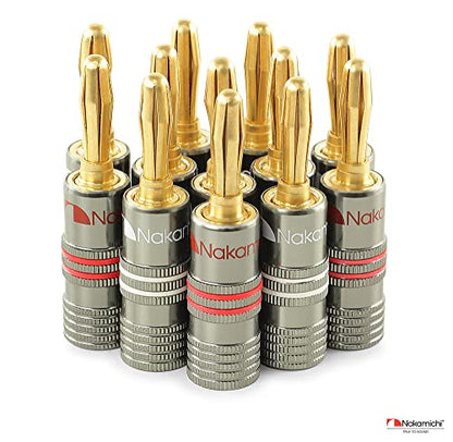 Nakamichi Ultimate Series 24k Gold Plated Beryllium Red Copper Banana Plug 12 AWG - 18 AWG Gauge Size 4mm for Speakers Amplifier Hi-Fi Stereo Receiver Audio Wire Cable Connector 2 Pcs (1-Pair) - size: 2 Pcs (1-Pair)