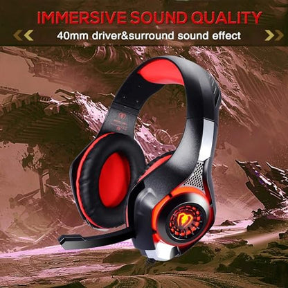 BlueFire Stereo Gaming Headset with Microphone for PS5 PS4 Xbox One Switch PC Mac – Wired Over-Ear Headphones with Surround Sound, Soft Memory Foam, Noise Canceling Mic, Light, 3.5mm Jack (Red) - color: Red