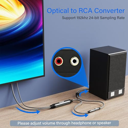 Unidirectional Optical Male to 3.5mm AUX Female Audio Converter Cable 5 Ft, 192kHz DAC SPDIF/Toslink Digital to Analog Adapter for TV/PS4/DVD to Sound Bar Headphone+Ties & AUX to 2 RCA Adapter - size: 5FT