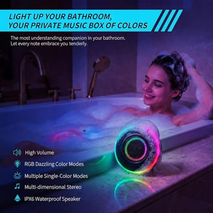 Portable Bluetooth Shower Speaker with Waterproof,Stereo,LED Light | Over 10H Playtime,Built-in Micro,Suction Cup&Hook,for Outdoor,Kitchen,Kayak,Beach,Camping,Gifts for Unisex