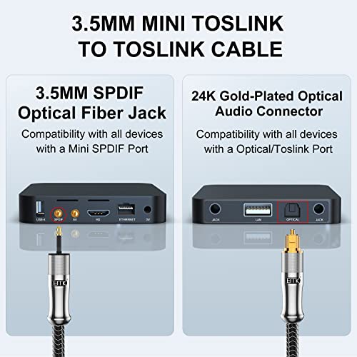 EMK 24K Gold-Plated Toslink to Mini Toslink Cable (6ft/2M) - Digital Optical Audio Cable with 3.5mm Mini Plug for Soundbar, Home Theater, TV - Silver SPDIF Fiber Optic Cable - color: Silver, size: 6 Feet/2M, style: 3.5MM Mini Toslink