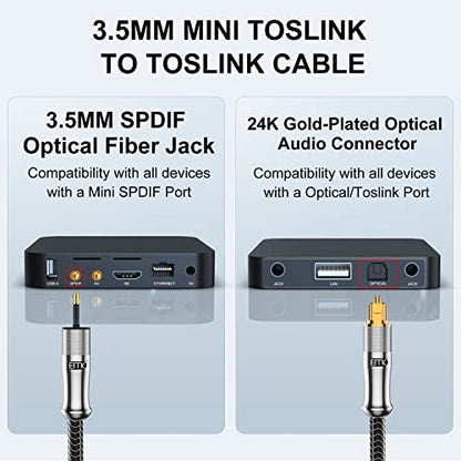 EMK 24K Gold-Plated Toslink to Mini Toslink Cable (6ft/2M) - Digital Optical Audio Cable with 3.5mm Mini Plug for Soundbar, Home Theater, TV - Silver SPDIF Fiber Optic Cable - color: Silver, size: 6 Feet/2M, style: 3.5MM Mini Toslink