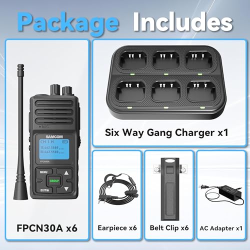 SAMCOM FPCN30A Radios Walkie Talkies Long Range Business Commercial Professional UHF 2 Way Radios Two-Way Radio(6 Pack) with 6 Way Multi Gang Charger & Earpieces | for Jobsite Construction School,5W High Power,One Button Group Call,Programmable, Business,