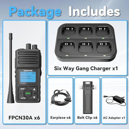 SAMCOM FPCN30A Radios Walkie Talkies Long Range Business Commercial Professional UHF 2 Way Radios Two-Way Radio(6 Pack) with 6 Way Multi Gang Charger & Earpieces | for Jobsite Construction School,5W High Power,One Button Group Call,Programmable, Business,