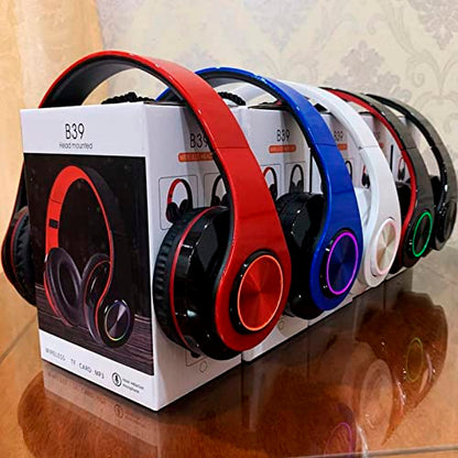 Wireless Bluetooth Headphones with Colorful LED Lights, Blue | Built-in Mic, Light Weight, Foldable, Wired HiFi Stereo Headphones for Classroom/Home Office/PC/Mobile Phone/Kids Adult - color: Blue