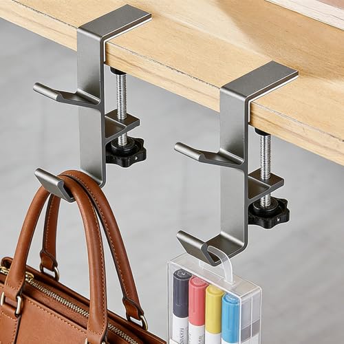 Headphone Holder for Desk, Double Hook Desk Hook, Bag Holder with Clamp for Table Desk Under Counter, Grey - color: Gray