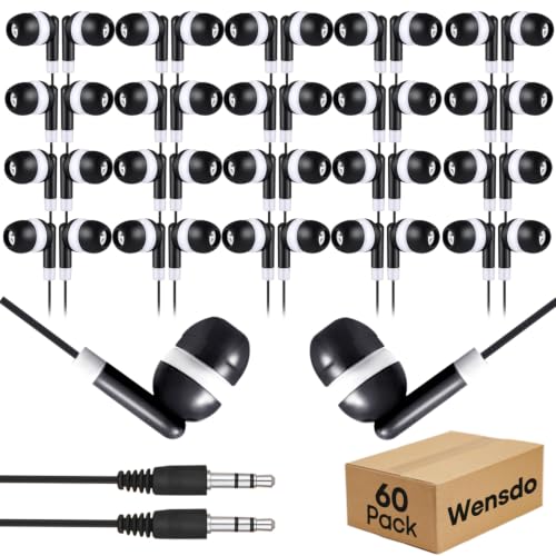 60 Pack Bulk Earbuds Headphones for School Classroom, Wholesale Wired Class Set in-Ear Headphones with 3.5mm Jack for Kids Students Toddler Teens - Individually Bagged (HY01,60 Black)