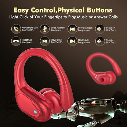 HAOYUYAN Wireless Earbuds, Sports Bluetooth Headphones, Noise Canceling Ear Buds with 80hr Playtime, LED Power Display, IPX7 Waterproof Earphones for Gym/Workout（Red） - color: Red