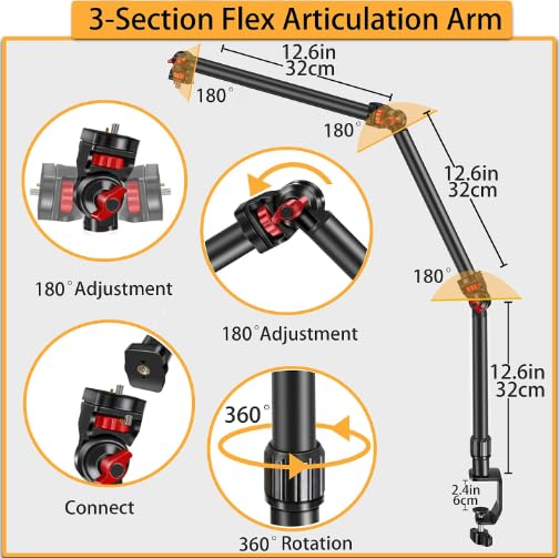 REFLEX CAMERA 37" Articulating Magic Arm Overhead Camera Mount – 3.3kg Load Capacity, Boom Arm with 1/4" Screws, 2-60mm Clamp Range Ideal for DSLR, Photography, Videography & Streaming