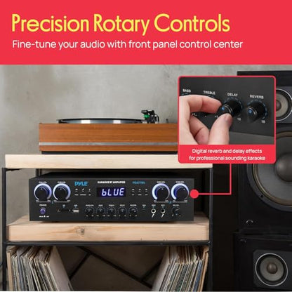Pyle Home Stereo Receiver with Bluetooth - 4 Channel Amplifier, 800 Watt Max, USB-A Input w MP3 Player, Easy Karaoke Setup with Mic Vol, Reverb and Delay, RCA in/Out, SD Card, FM Radio - PDA77BU
