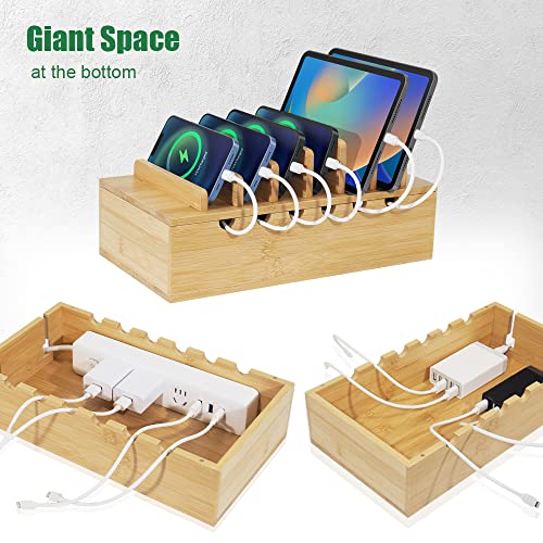 Bamboo Charging Station for Multiple Devices, Desk Docking Stations Organizer Compatible with iPhone Devices, Wood Charging Cell Phone Holder Stand (Includes 6 Cables) (NO Power Supply)