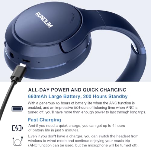 RUNOLIM Hybrid Active Noise Cancelling Headphones, 100H Playtime, Built-in Microphone, Bluetooth Wireless Over Ear Foldable Headphones with HiFi Audio, Home Travel Office - color: Blue