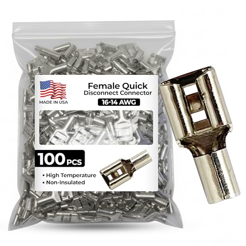 100 Pcs High Temperature Non-Insulated Female Spade Connectors - 16-14 Gauge Quick Disconnect .250 Tab - Wire Splice Connectors for Strong Crimps in Electrical Wire Terminals - Made in USA - size: 16-14 AWG Female 1/4" Tab