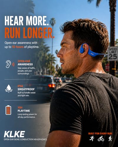 Bone Conduction Headphones for Running with mic and Rear Safety Light | Dual Sound Modes, Adjustable Fit, 10H Playtime, USB-C Charging, Clear Calls, Lightweight Comfort for Gym, Cycling and Hiking. - color: KLKE-Blue