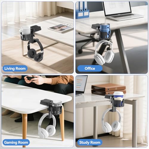 KDD 3 in 1 Headphone Hanger with Cup Holder - Rotatable Headset Hook & Desk Cord Organizer - Suitable for Coffee Mups, Water Cups, Headphone, Charging Cables, Home & Office