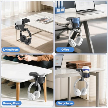 KDD 3 in 1 Headphone Hanger with Cup Holder - Rotatable Headset Hook & Desk Cord Organizer - Suitable for Coffee Mups, Water Cups, Headphone, Charging Cables, Home & Office