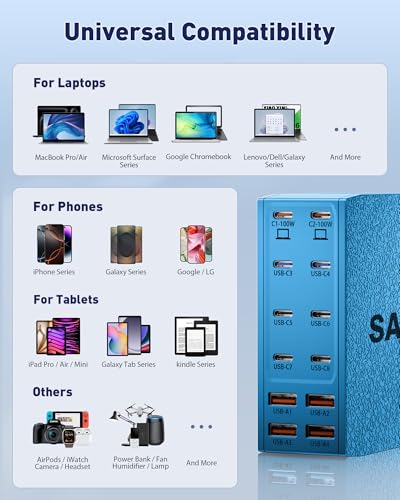 1000W USB Charging Station,12-Port USB C Charger Block with Dual 100W PD | USB-C Fast Charging Station Hub for MacBook Pro/Air/All iPad Phone 17/16 15/14/13/Pro Max/Samsung Galaxy Note - color: Blue