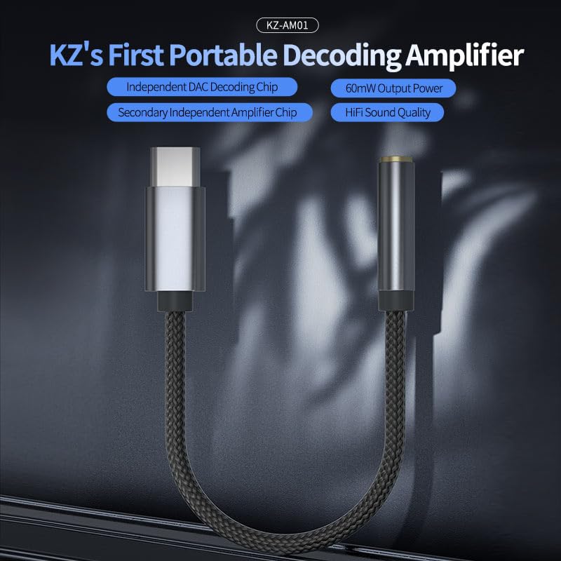 Portable DAC Decoding Amplifier KZ AM01, Female 3.5mm to Type C Amplifier Adapter Cable for KZ HiFi Headphone Earphone Earbud