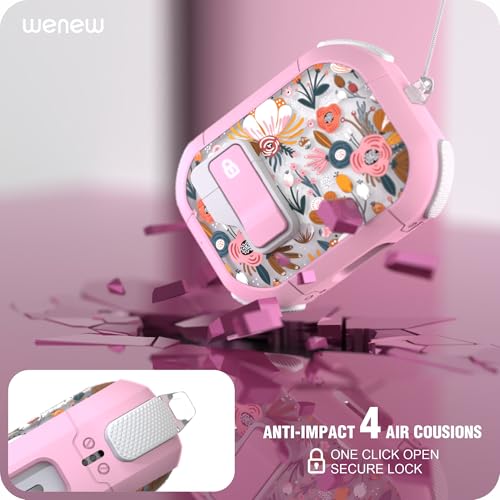 WENEW for AirPods Pro 3 Case (2025) Cover Secure Lock Automatic Snap Switch Clip Cleaner Kit Lanyard Women Stylish Flower Hard Shell Full Body Front LED Visible (Pink Flower, AirPods Pro 3) - color: Pink Flower, size: AirPods Pro 3