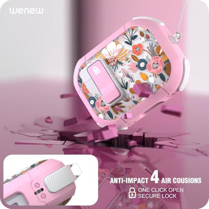 WENEW for AirPods Pro 3 Case (2025) Cover Secure Lock Automatic Snap Switch Clip Cleaner Kit Lanyard Women Stylish Flower Hard Shell Full Body Front LED Visible (Pink Flower, AirPods Pro 3) - color: Pink Flower, size: AirPods Pro 3
