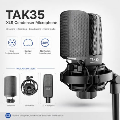TAKSTAR XLR Condenser Studio Microphone with Shock Mount | 16mm Diaphragm, 30Hz-20kHz Response, -36dB Sensitivity, Shock Mount & Windscreen Included, Requires 48V Phantom Power