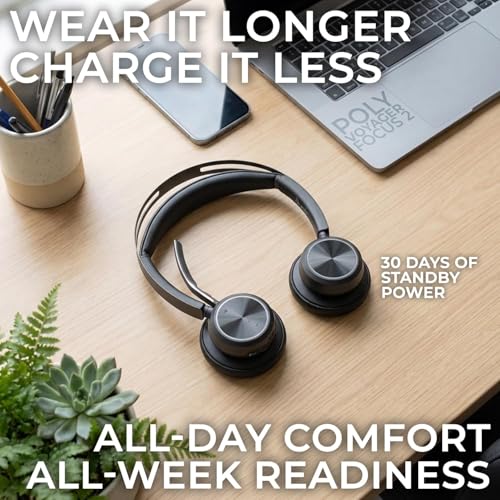 Poly Voyager Focus 2 Bluetooth Headset with Noise Blocking Mic - USB-C/A Dongle Adapters for PC using MS Teams, Zoom - Pairs to Both Cellphone and Laptop - Charging cable, and GTW Microfiber Cloth - color: w/o stand-USB A, style: Focus 2-Standard