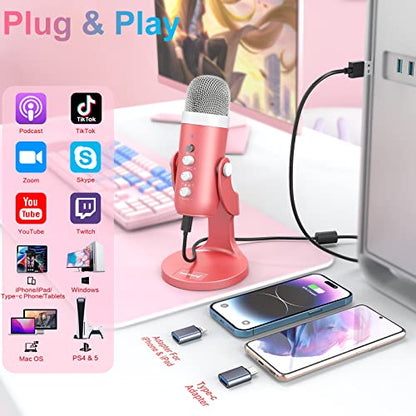 ZealSound Podcast Microphone for iPhone PC & Mac, Noise Cancellation USB Mic with Volume, Mute & Echo Control, Zero-Latency Monitoring, for ASMR, Podcasting, Vocal Recording & Voice-Over - K66 Pink