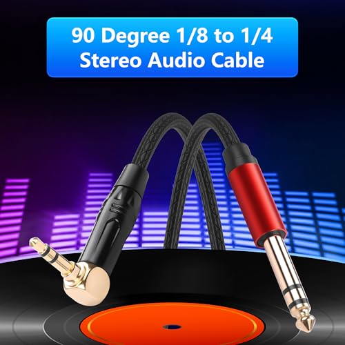 CERRXIAN 3.5mm TRS Stereo Right Angle Male to 6.35mm TRS Stereo Male Audio Cable,0.3M/1FT Leather Textured Cord, Short Stereo Patch Cable for Electric Guitar, Mixer, Amplifier, Speaker