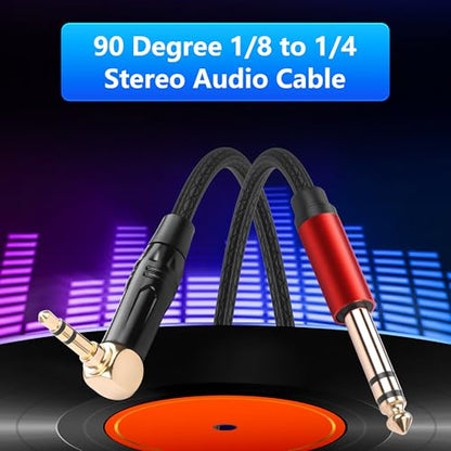 CERRXIAN 3.5mm TRS Stereo Right Angle Male to 6.35mm TRS Stereo Male Audio Cable,0.3M/1FT Leather Textured Cord, Short Stereo Patch Cable for Electric Guitar, Mixer, Amplifier, Speaker