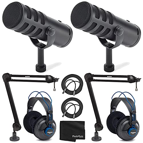 SAMSON Q9U XLR/USB Dynamic Broadcast Microphone x2 + Professional Studio Reference Headphones x2+ Mic Boom Arm x2 + Mic Cable x2 + Cloth - Top Value Bundle - size: 2 Person Broadcasting Bundle