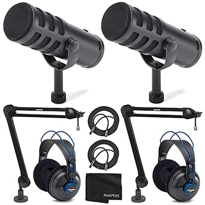 SAMSON Q9U XLR/USB Dynamic Broadcast Microphone x2 + Professional Studio Reference Headphones x2+ Mic Boom Arm x2 + Mic Cable x2 + Cloth - Top Value Bundle - size: 2 Person Broadcasting Bundle