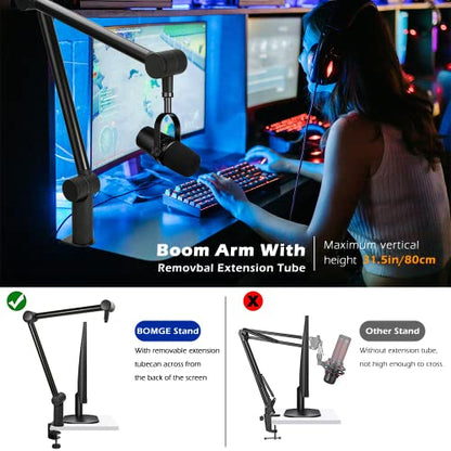 Boom Arm Mic Stand - Adjustable Heavy Duty Suspension Boom Scissor Arm Stand with Cable Management Channels, Desk Clamp for Podcasts, Streaming, Gaming, Home Office, Recording (Black)