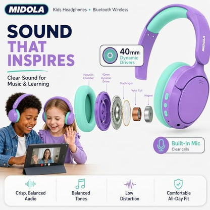 MIDOLA Kids Bluetooth Headphones Wireless,ANC,68H,Safe Volume Limit 85/94dB | Active Noise Cancelling,Adjustable Headband Foldable Over-Ear for Toddler Girls Boys Tablet/iPad,HD Stereo,Built Mic,Purple - color: Purple