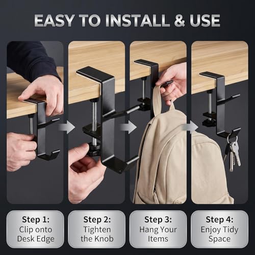 Black Desk Mount Purse Hook | Portabl Adjustable Clamp-On Backpack Hanger Table Bag Holder ,for Handbags Headphones(Double Hook) - color: Black Double Hook