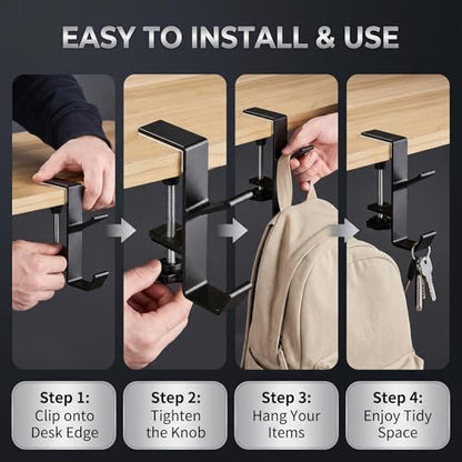 Black Desk Mount Purse Hook | Portabl Adjustable Clamp-On Backpack Hanger Table Bag Holder ,for Handbags Headphones(Double Hook) - color: Black Double Hook